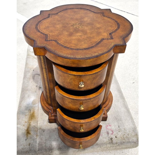 Maitland Smith English Regency Tooled Leather Quatrefoil Drum Chest Side Table For Sale - Image 13 of 14