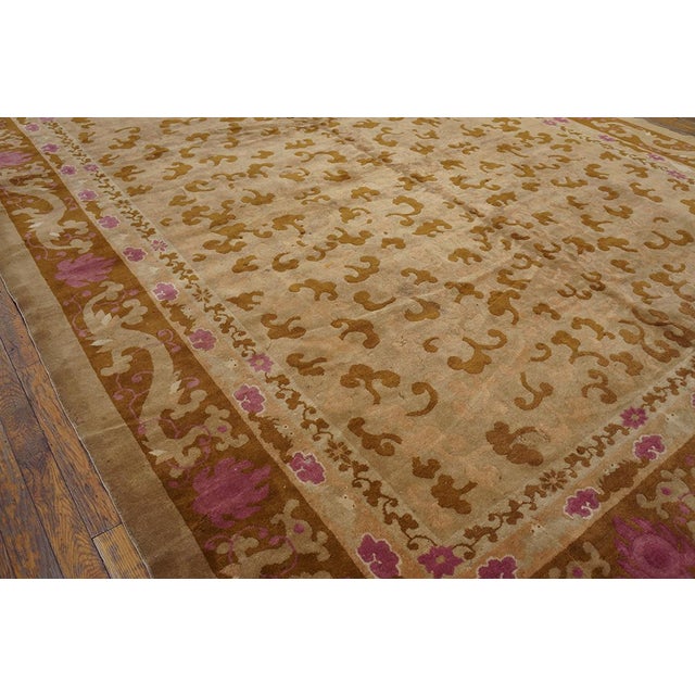 Chinoiserie Calming Tan-Camel Background Color With Special Dragon Design Border Antique Chinese Peking Rug For Sale - Image 3 of 6