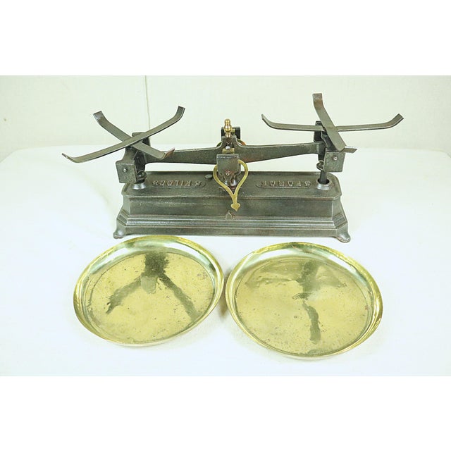 Metal Late 19th Century French Two Pan Brass and Cast Iron Store Scale For Sale - Image 7 of 7
