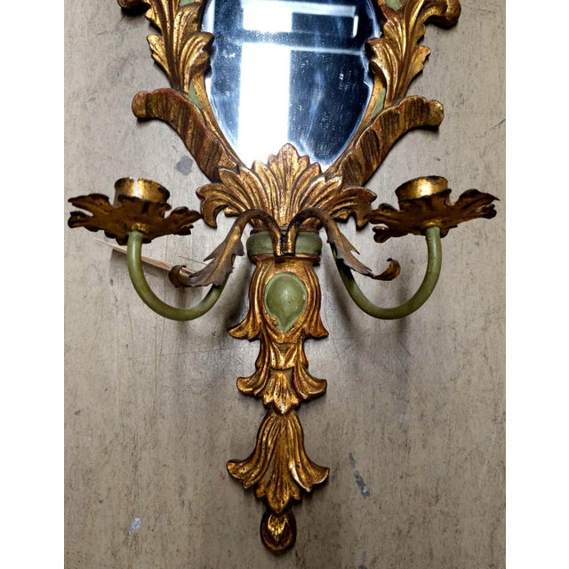 Rococo Pair of Italian Rococo Gilt Gesso and Parcel Green Painted 2-Light Mirrored Sconces For Sale - Image 3 of 12