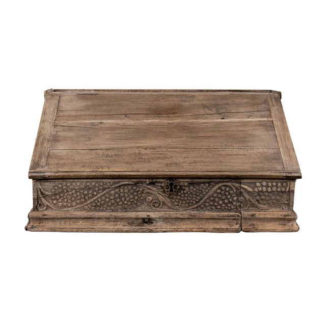 Bleached wooden desk organizer with hand carved trailing vine and grape decoration. 8 drawers and original hardware.