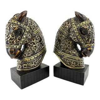 Vintage 1960's Mid Century Black and Gold Horse Head Book Ends, a Pair For Sale