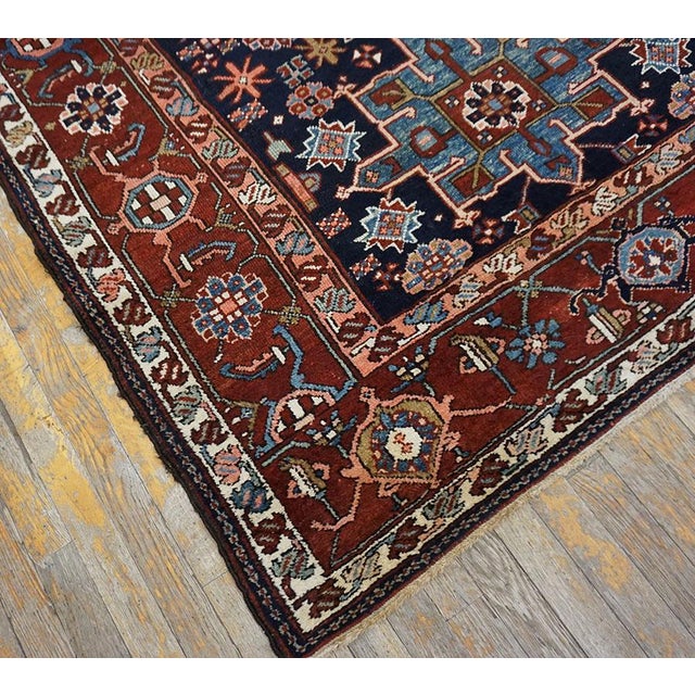 Excellent Navy Background With Symmetric Knots Geometric Pattern Antique Persian Karajeh Rug For Sale - Image 9 of 15