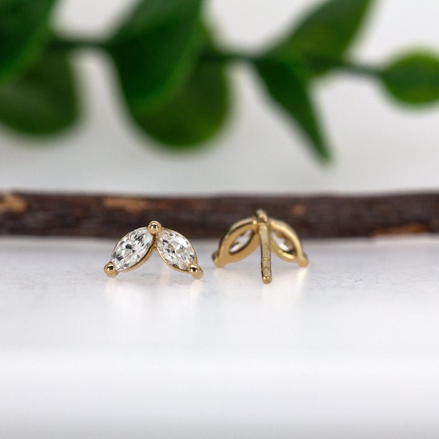 Petite Earth Mined Diamond Studs: Solid 14k Gold, Marquise Cut 4x2mm, A Pair For Sale - Image 4 of 5
