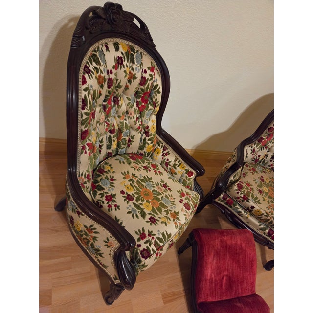 Victorian Antique Victorian Chairs With Foot Stool For Sale - Image 3 of 7