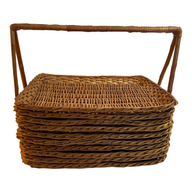 Vintage Rattan Tray Set With Carrier- 10 Pieces For Sale