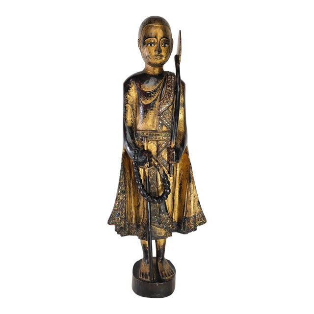 Asian Carved Wood Buddhist Monk Statue 30.5 In For Sale