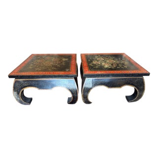 1970s Pair of Vintage Ming Style, Solid Wood, Hand Painted End Tables For Sale