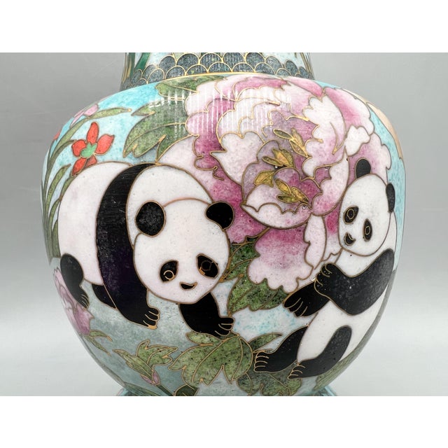 20th Century Chinese Cloisonné Panda & Bamboo Urn Vase – Chinoiserie / Asian For Sale - Image 14 of 16
