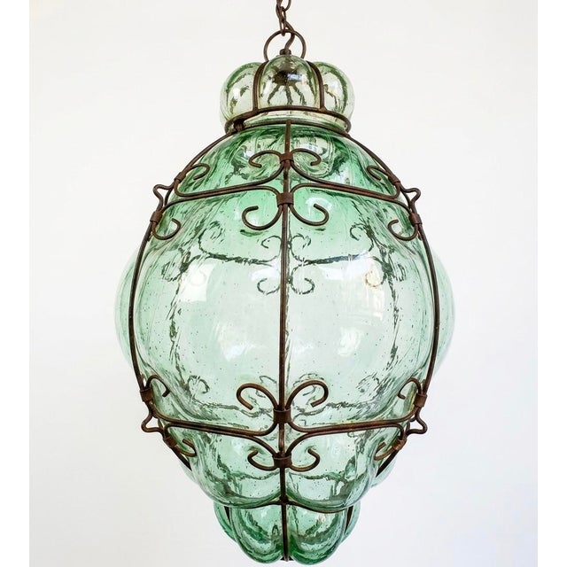 1960s Large Vintage Italian Hand-Forged Iron and Green Venetian Glass Lantern Chandelier For Sale - Image 5 of 6