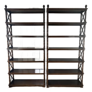 Pair of British Khaki Bookcase Etageres Walnut Brown Bamboo Motif For Sale