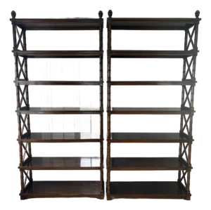 Pair of British Khaki Bookcase Etageres Walnut Brown Bamboo Motif