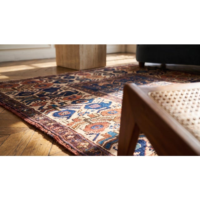 1870s Blue Geometric Tribal Antique Persian Kurdish Sanjabi Rug 5' X 6'6" Hand Made Wool Carpet For Sale - Image 9 of 11