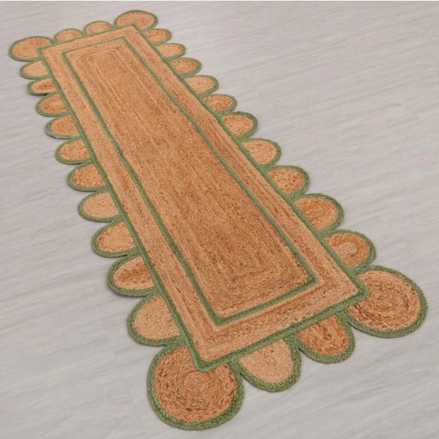 Green Olive Green Jute Scallop Handmade Bohomian Rug Runner 2.5x8 Ft. For Sale - Image 8 of 13