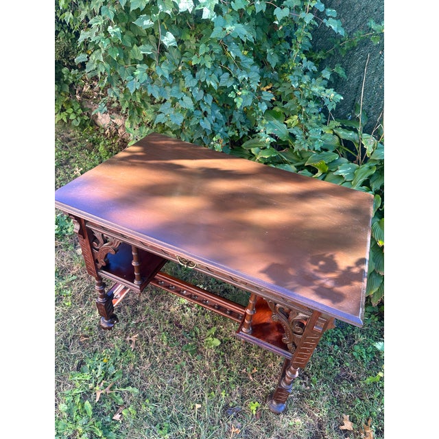 Antique Victorian Mahogany Writing Table With Intricate Carvings and Pierced Fretwork, Late 19th Century For Sale - Image 4 of 6