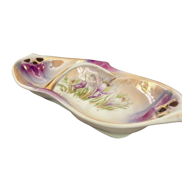 Victorian Antique Celery Dish With Handle by Ipf Germany Porcelain – Lusterware Floral Candy Nut Dish – Purple & Gold , 8 1/4” For Sale - Image 3 of 10