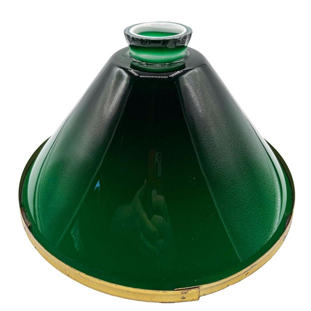 1920s 1920s Art Deco Banker/Poker Hanging Ceiling Light W/ 9" Brass Rim Green Glass Shade For Sale - Image 5 of 12