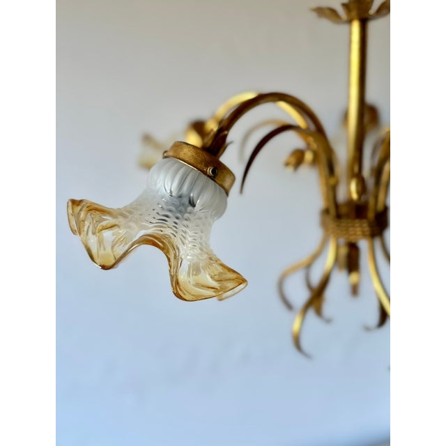 Florentine Style Gilt Metal Chandelier with Amber-Tinted Glass Shades, 1960s For Sale - Image 6 of 13