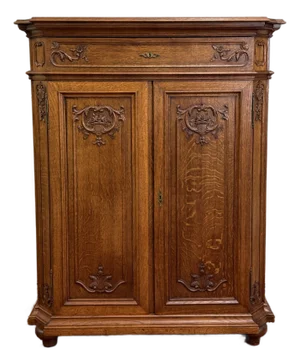 Antique French Double Door Cabinet Cupboard Carved Honey Oak Drawer Early 20th