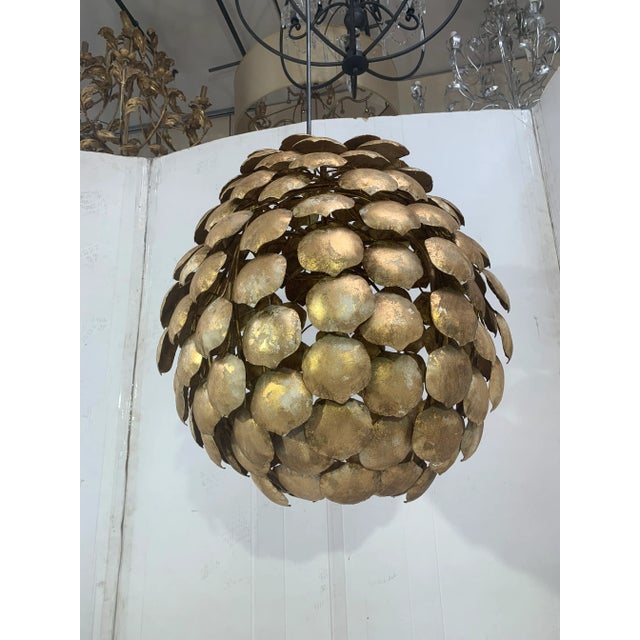 Contemporary Gold Florentine Iron Pendant Light For Sale - Image 9 of 9