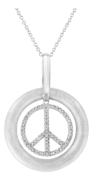 Matte Finish .925 Sterling Silver Diamond Accent Dancing Peace Sign 18" Pendant Necklace (I-J Color, I1-I2 Clarity)
