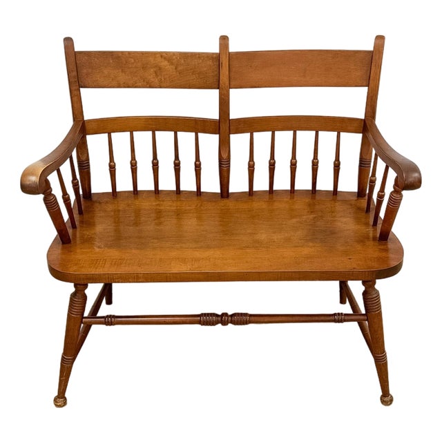 Vintage Maple Spindle Two-Seat Bench Double Crest Turned Legs Farmhouse For Sale