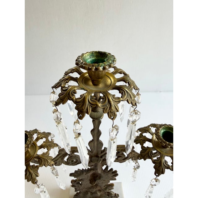 Antique Brass Victorian Couple 3 Arm Girandole Candlestick With Marble Base & Prisms For Sale - Image 14 of 17