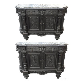 Pair of Antique French Renaissance Ebonized Baroque Marble Sideboards Buffets Made in France For Sale