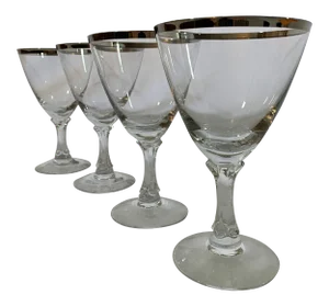 Vintage Mid 20th Century Fostoria Crystal Platinum Band Wedding Ring Goblets - Set of 4
