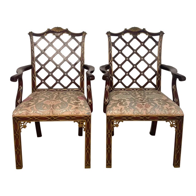 Pair of Matching Chinese Chippendale Armchairs With Blind Fretwork and Gilt Highlights For Sale