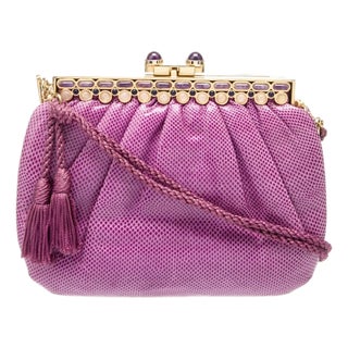 1990s Judith Leiber Karung Snakeskin Amethyst Rose Quartz Gemstones Day Evening Shoulder Handbag For Sale