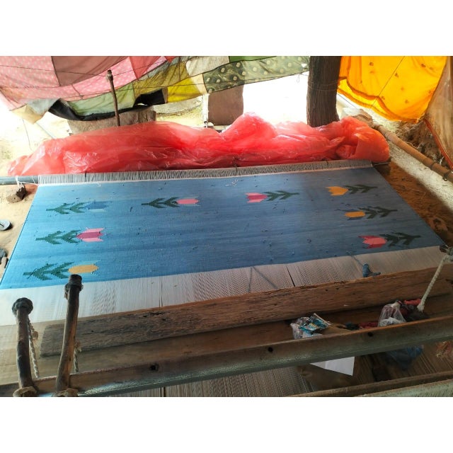 Handmade Cotton Rug, Natural Vegetable Dyed Sky Blue Leaf Pattern Rug Dhurrie - 8'x8' For Sale - Image 11 of 11