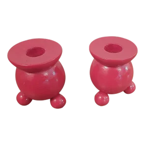 Vintage Danish Red Wooden Candle Holder Candlesticks Ball Feet