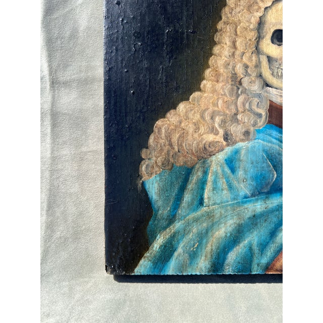 Rococo Memento Mori Baroque Style Oil on Wood Panel Portrait Painting a French Nobleman With Dual Faced Man For Sale - Image 3 of 12