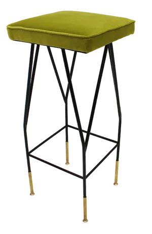 Mid-Century Italian Square Black Lacquered Iron and Lime Cotton Velvet Stool