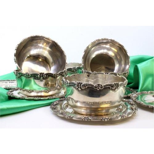 Silver Wash Basins and Plates with Raised Edges, Set of 12 For Sale - Image 6 of 7