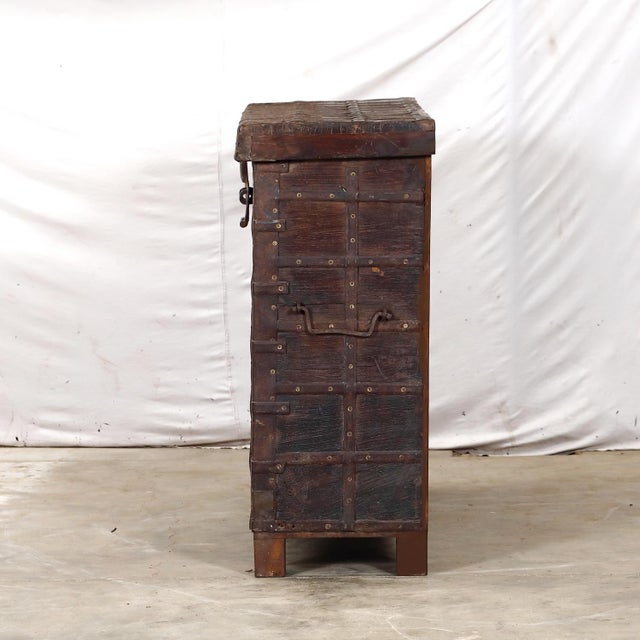Antique Indian Teakwood and Brass Pitara Chest Console For Sale - Image 4 of 8