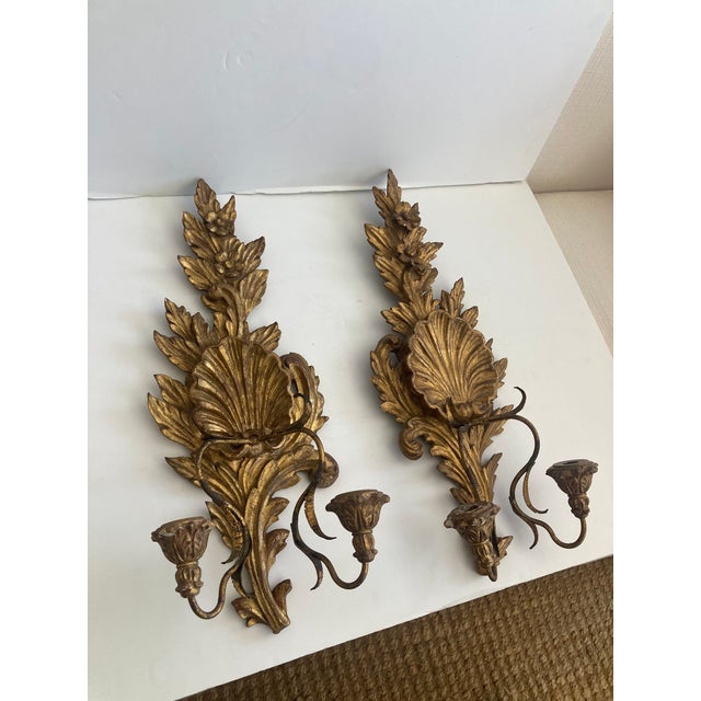 Baroque Italian Baroque Carved Gilt Wood Wall Sconces - A Pair For Sale - Image 3 of 11