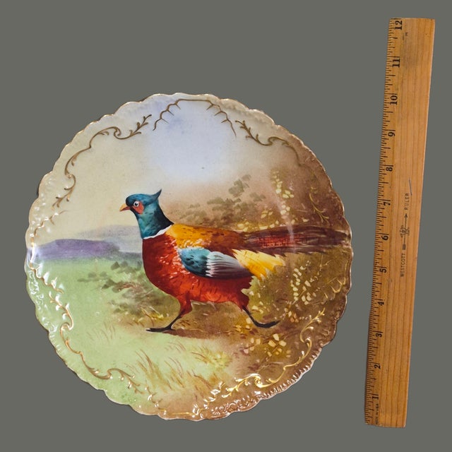 Red Antique Limoges French Hand Painted Gilded Pheasant Scalloped Edge Wall Plate For Sale - Image 8 of 10