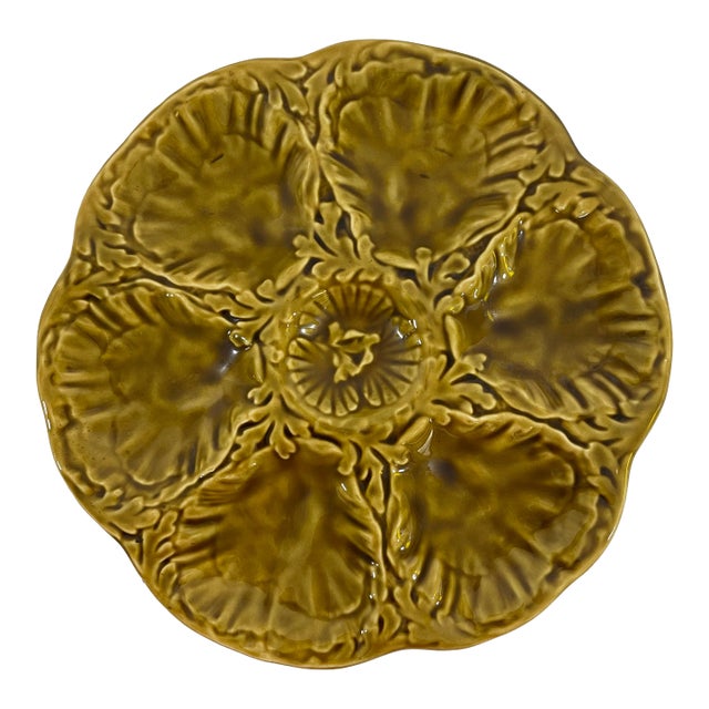 1950s French Gien Majolica Olive Green Oyster Plate For Sale