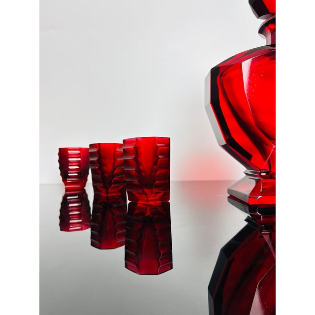 Art Deco Ruby Red Glass Decanter with Six Shot Glasses from Moser, Czechoslovakia, 1930, Set of 7 For Sale - Image 6 of 12