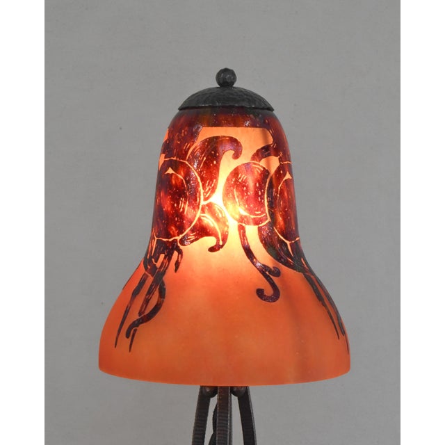 Metal French Art Deco Lamp by Schneider Le Verre Francais - 1925 Cameo Glass France For Sale - Image 7 of 9