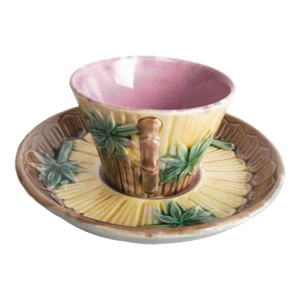 Late 19th Century Victorian Etruscan Majolica Teacup & Saucer With Palm Leaf and Bamboo Motif