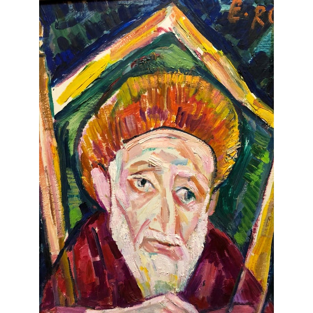 Modern Emanuel Glicenstein Romano, Modernist Oil Painting 1940s, Judaica Hasidic Rabbi in Jerusalem, 1972 For Sale - Image 3 of 4
