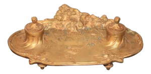 Antique French Art Nouveau Gilt Bronze Inkwell Signed A. Marionnet Depose