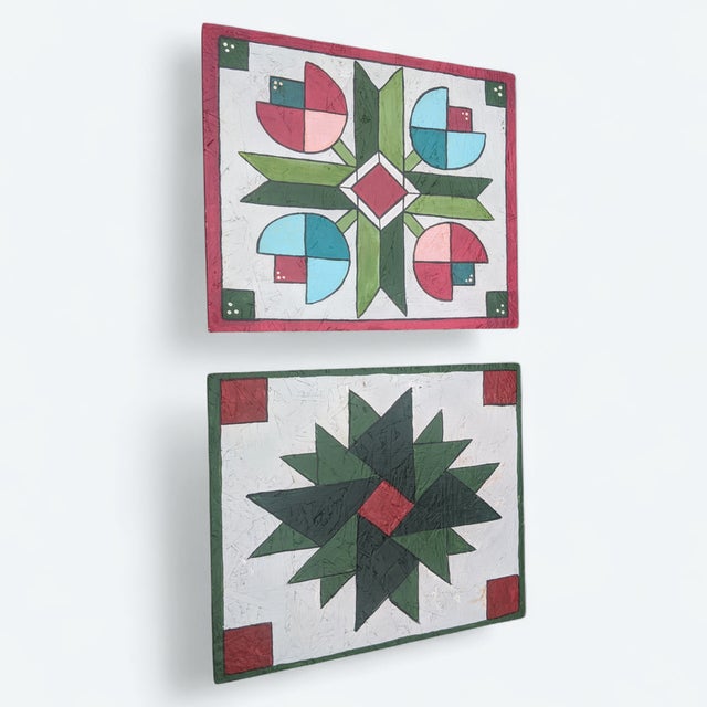 Mid 20th Century Vintage Handcrafted Folk Art Barn Quilt Star Painted Wood Panel Art- A Pair For Sale - Image 5 of 7