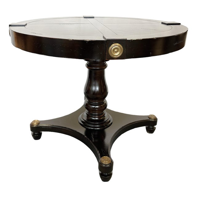 Vintage Neoclassical Style Round Pedestal Table With Brass Medallion Accents For Sale