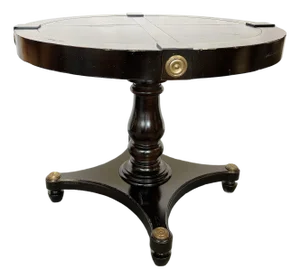 Vintage Neoclassical Style Round Pedestal Table With Brass Medallion Accents