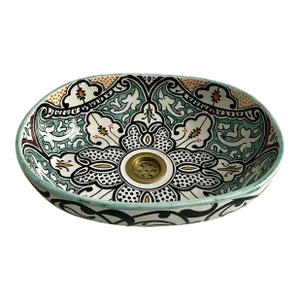 Farmhouse Oval Hand Painted Ceramic Handmade Vessel Sink Ceramic Washbasin Sink for Bathroom with Brass Drain
