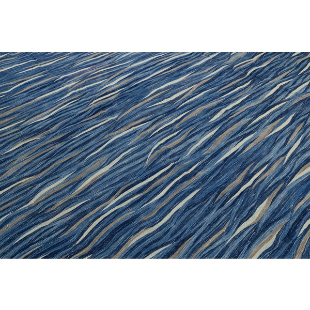 Contemporary Handmade Oceanic Blue Wave Kilim Wool Area Rug Luxury Flat-Weave For Sale In New York - Image 6 of 12